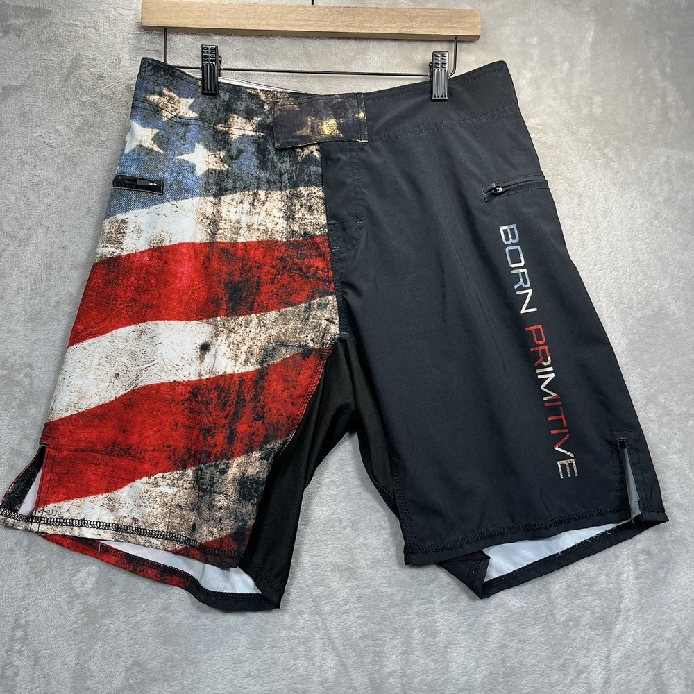 Born Primitive Shorts Mens 30 Black American Flag Board Zip Pockets